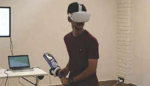 Person wearing a VR headset experiencing virtual reality