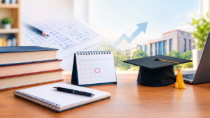 MBA entrance exam preparation with books, exam sheet, calendar, graduation cap, and laptop on a study desk.