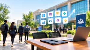 Campus placement scene with students entering a business school, an interview setup with a laptop and notebook, and career-related industry icons.