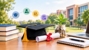 Scholarship concept with graduation cap, diploma, books, savings jar, laptop, and eligibility icons on a university campus background.