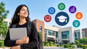 South Asian student holding a laptop on a modern university campus, with education and technology icons symbolizing M.Tech studies and specialisations.