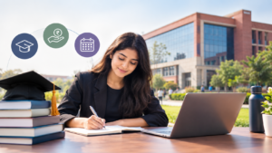 PhD student researching at a university campus with books, laptop, and graduation cap.