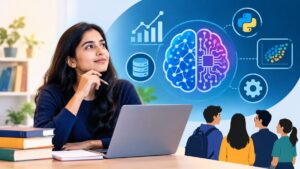 A student studying at a laptop alongside a futuristic AI brain graphic, data charts, database icons, Python symbol, and a group of learners, representing data science and artificial intelligence education.