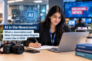 Journalist working on a laptop in a modern newsroom with AI technology, digital news screens, and journalism equipment, illustrating journalism and mass communication education in 2026.