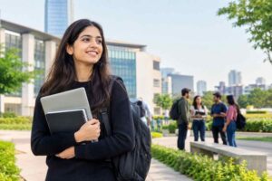 Student on a university campus exploring MBA opportunities in Delhi NCR.