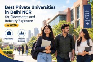 Best private universities in Delhi NCR for placements and industry exposure in 2026, featuring students on a modern university campus.