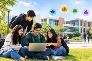 Best universities in Greater Noida for undergraduate studies in 2026, showing students collaborating on a university campus with modern facilities and a vibrant campus environment.