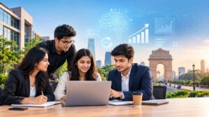 MBA students collaborating on AI and business analytics projects in Delhi with a modern city backdrop
