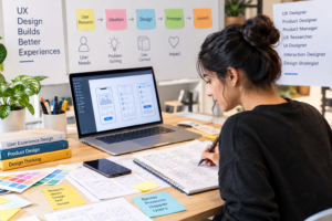 UX and product designer sketching app wireframes on a laptop, exploring user research, prototyping, and design career opportunities.