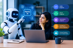 Agentic AI and engineering careers illustrated by a humanoid robot, AI workflow dashboard, and engineer exploring emerging AI job roles.
