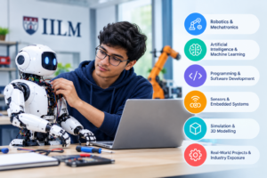 B.Tech in Robotic Intelligence at IILM featuring a student working on a humanoid robot in a robotics lab with AI, programming, embedded systems, and 3D modelling concepts.