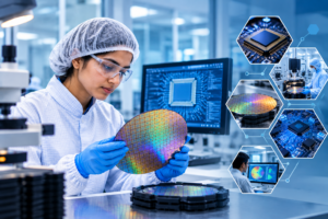 Semiconductor technology engineer inspecting a silicon wafer in a cleanroom laboratory with microchips, circuit boards, and advanced chip manufacturing equipment.