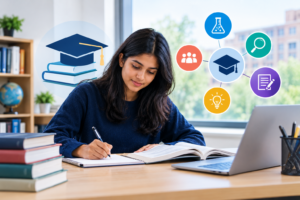 Student studying at a desk with books, laptop, and research icons representing the four-year undergraduate degree and Honours with Research under NEP 2020.