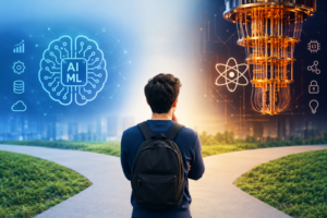Student choosing between AI/ML and quantum computing career paths, with artificial intelligence graphics on one side and a quantum computer on the other.