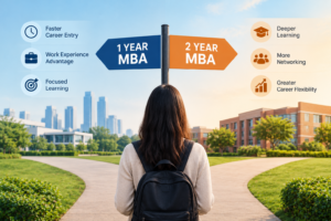 Student choosing between a one-year MBA and a two-year MBA, with signposts highlighting faster career entry, work experience, deeper learning, networking, and career flexibility.