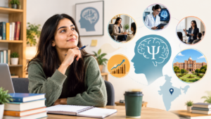 Psychology student exploring career options in India with a brain and psychology graphic, counseling, research, professional growth, salary, and university study visuals.