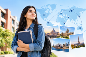 ILM student preparing for a semester abroad with a global map, international destinations, and university campus in the background.