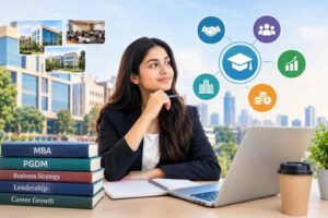 Student planning her management career with MBA and PGDM study materials, a modern campus, and career growth symbols.