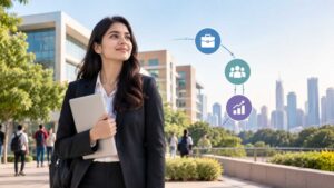 Private university campus with a student preparing for a career and professional growth